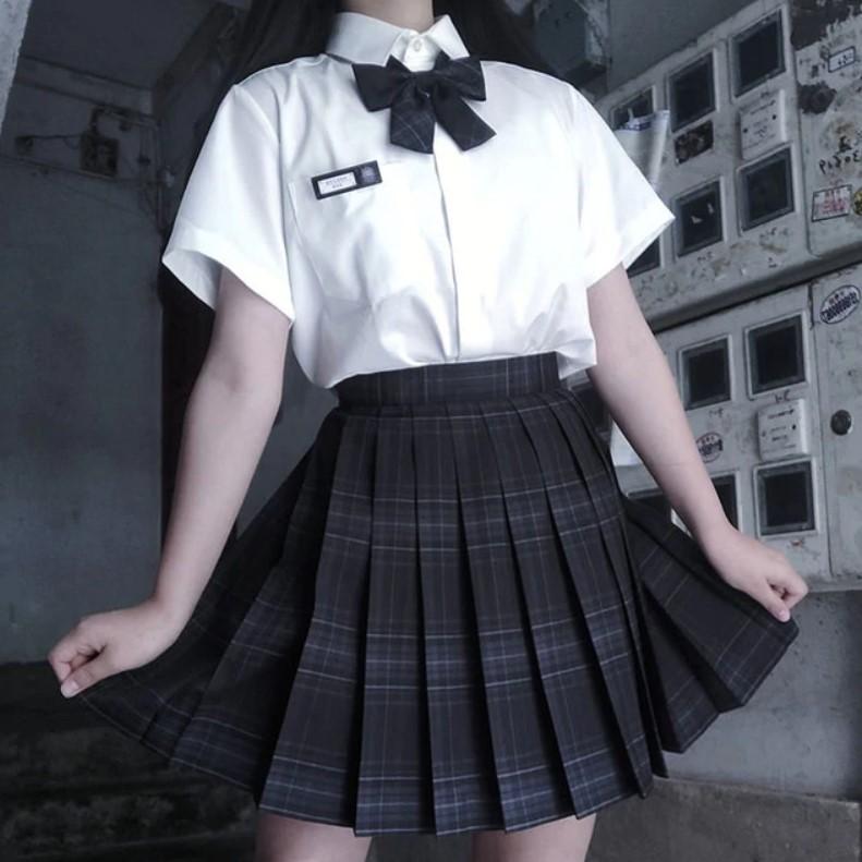 Pleated Kawaii Plaid Skirt + Short Sleeve Shirt