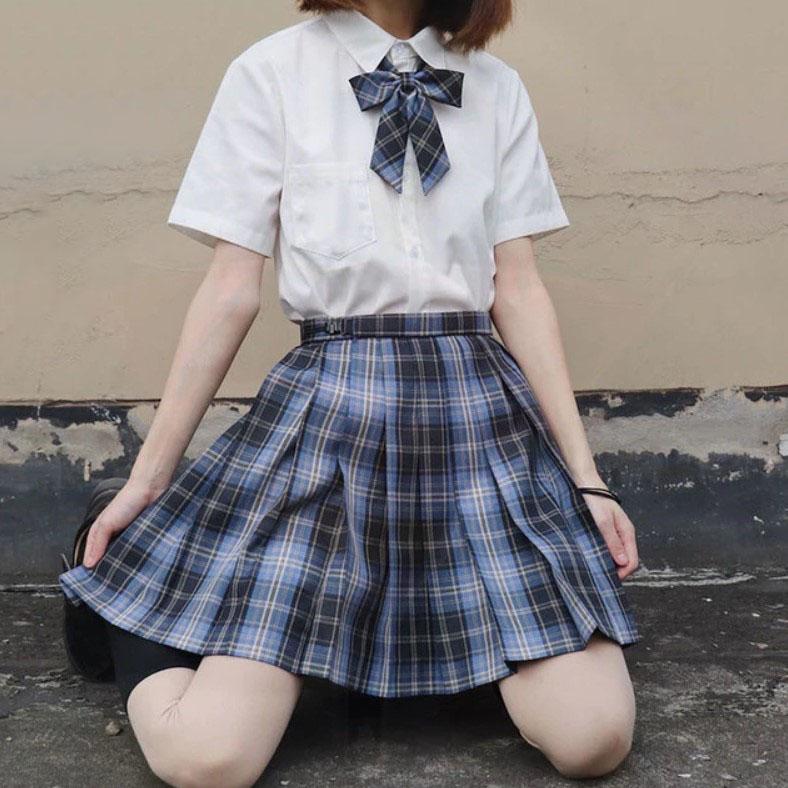 Pleated Kawaii Plaid Skirt + Short Sleeve Shirt