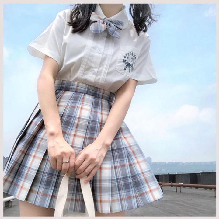 Pleated Kawaii Plaid Skirt + Short Sleeve Shirt