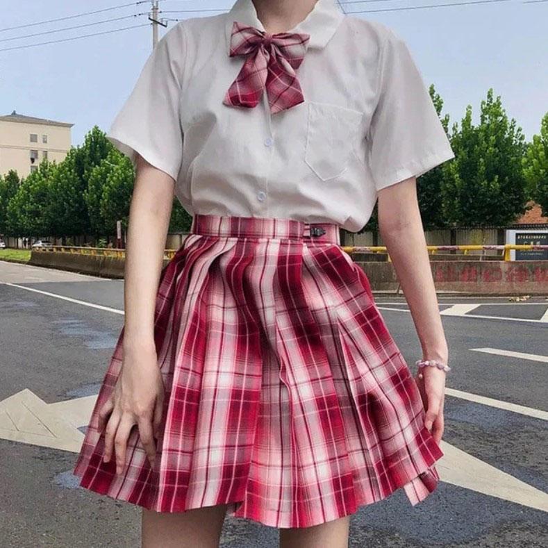 Pleated Kawaii Plaid Skirt + Short Sleeve Shirt