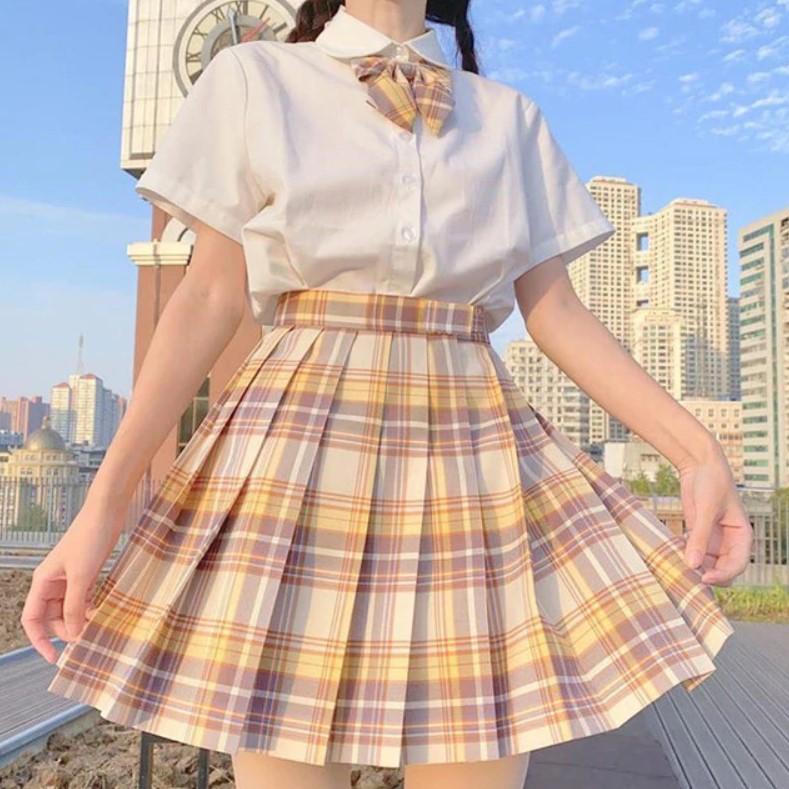 Pleated Kawaii Plaid Skirt + Short Sleeve Shirt