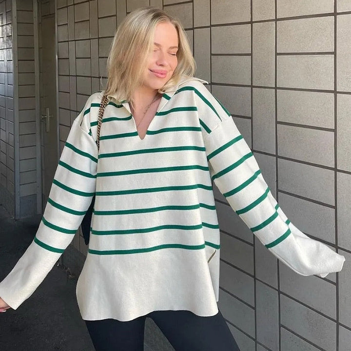 Striped Sweaters Lapel V Neck Long Sleeve Chunky Knit Oversized Pullover Sweater Jumper