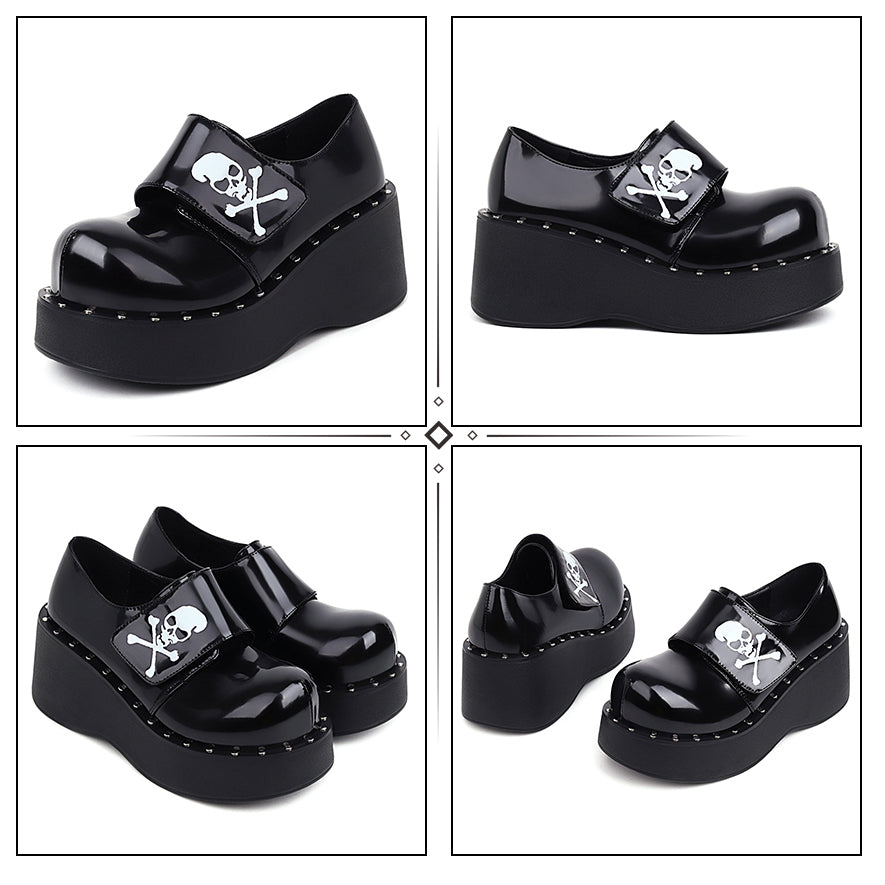 Platform Gothic Skeleton Print Mary Jane Shoes