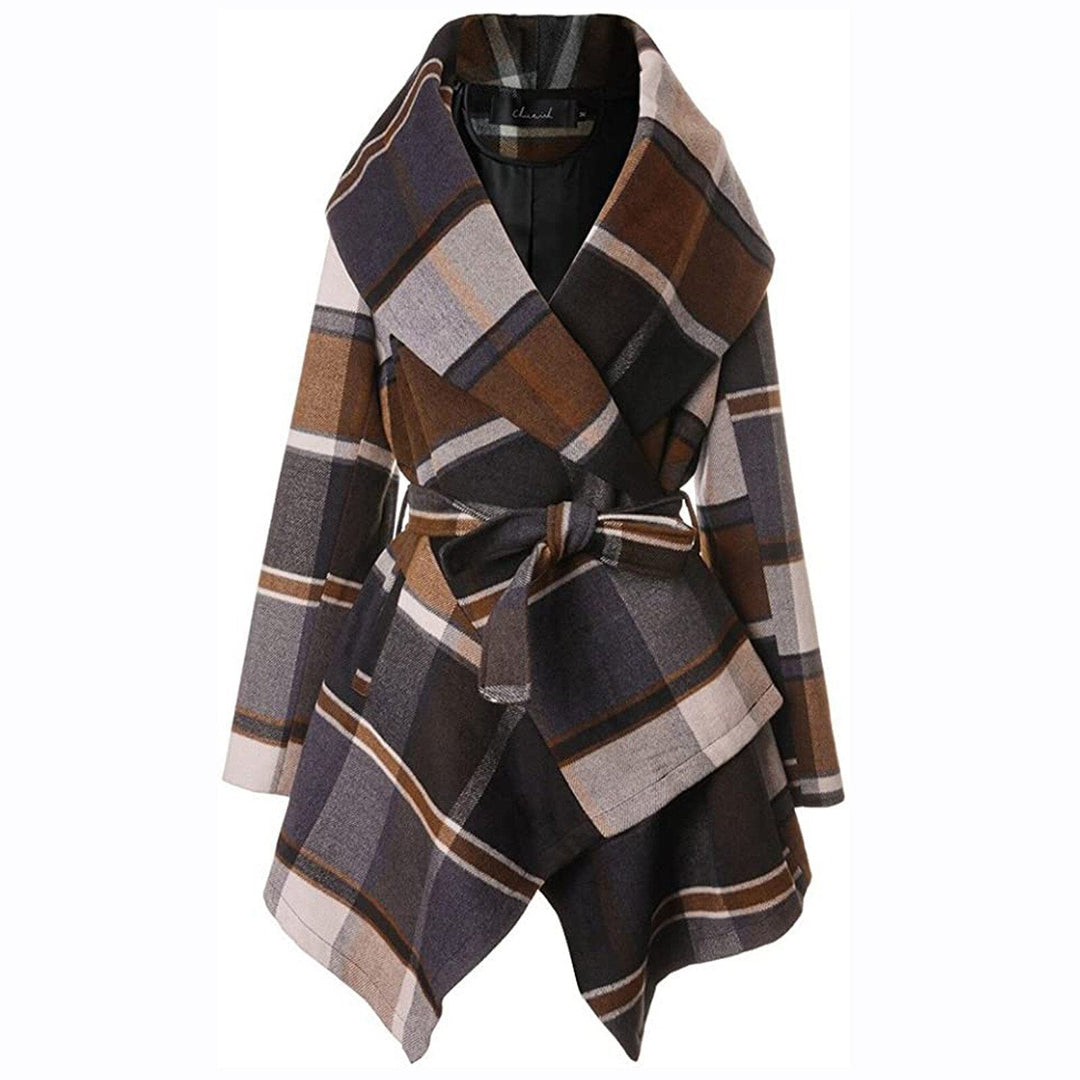 Women's Turn Down Collar Asymmetric Hem Thin Plaids Wrap Coat