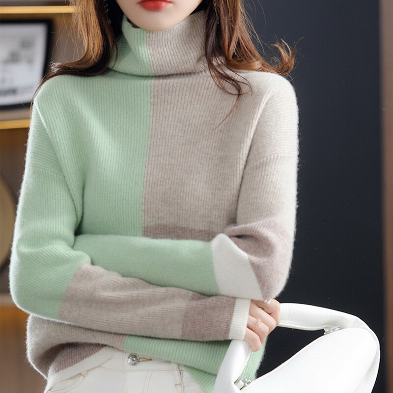 Womens Jennie Fuzzy Color Block High Neck Sweater