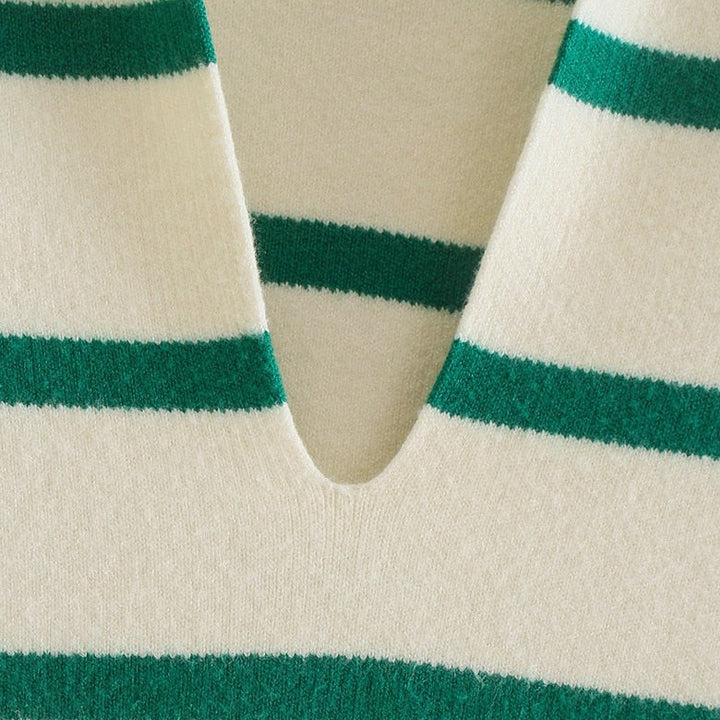 Striped Sweaters Lapel V Neck Long Sleeve Chunky Knit Oversized Pullover Sweater Jumper