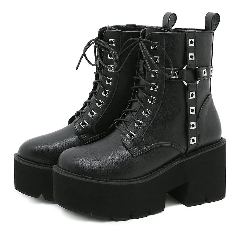 Womens Platform Boots Ankle Boots Goth Chunky Heel Combat Boots Lace Up Zip Knight Booties