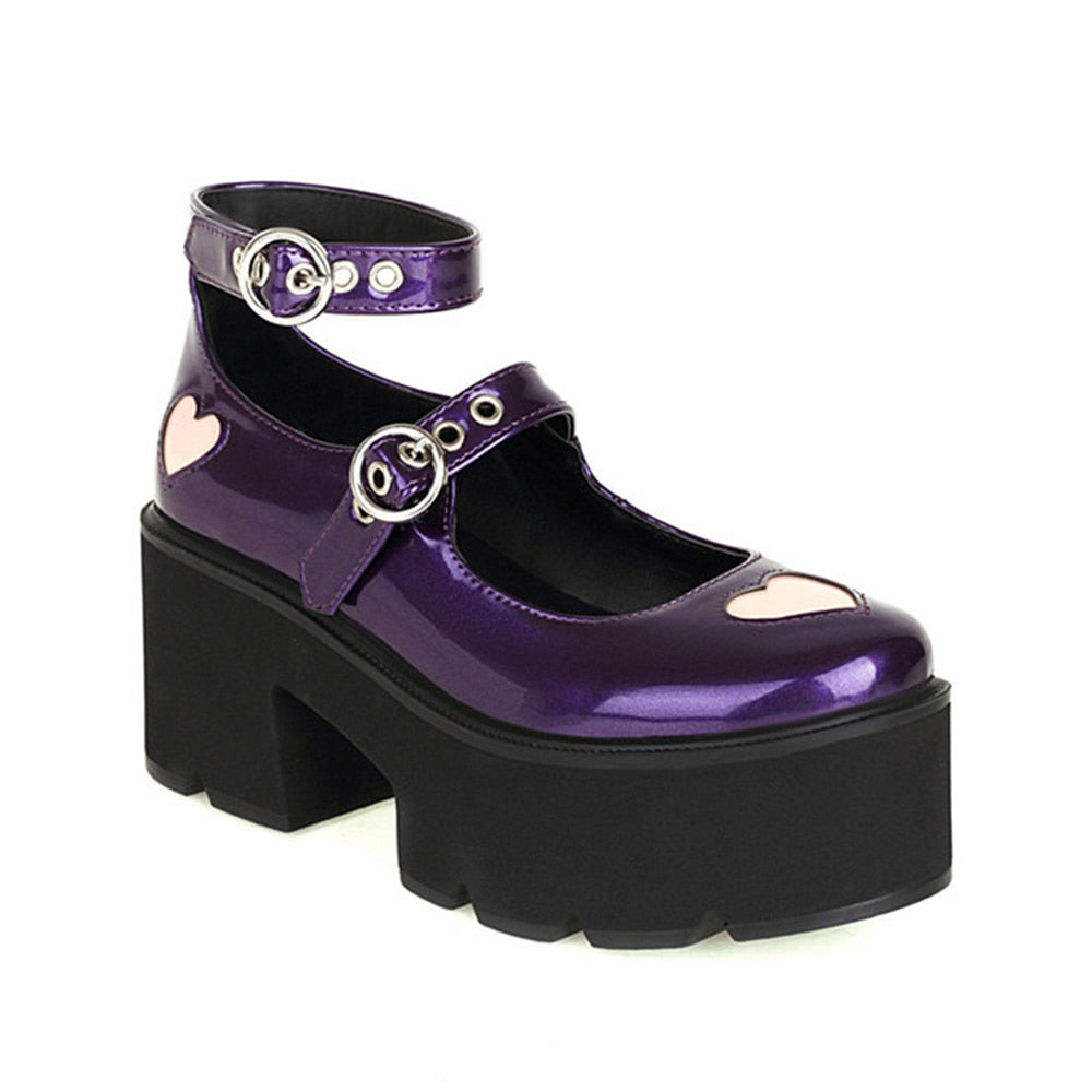 Womens Cute Heart Platform Buckle Mary Janes Shoes