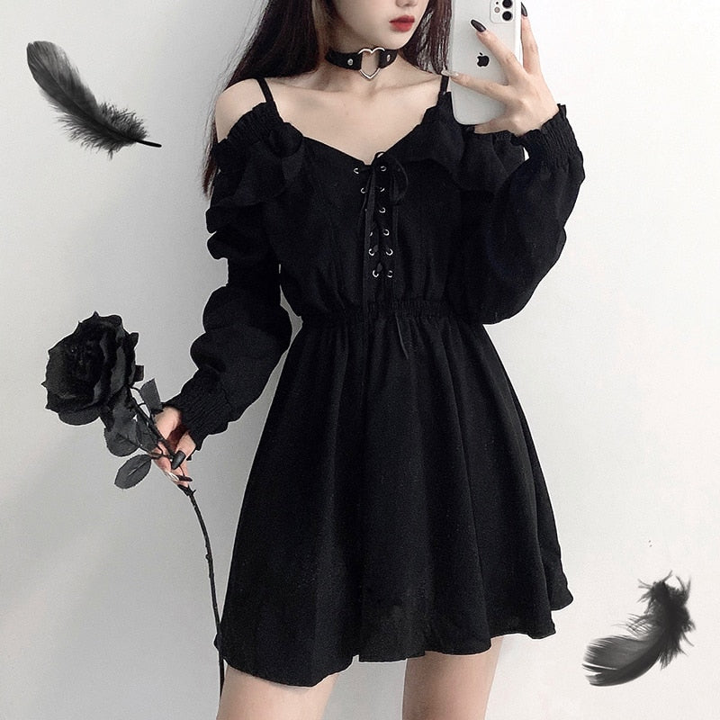 Alt Gothic Dark Off-the-shoulder Lace up Dress