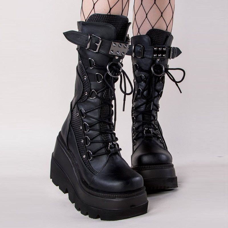 Womens Punk Lace-Up Mid Calf Platform Boots