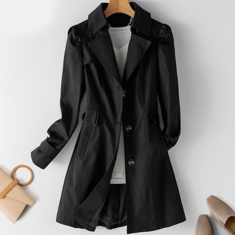 Women Trench Coat Solid Pocket Single-Breasted Mid Long Casual Jacket