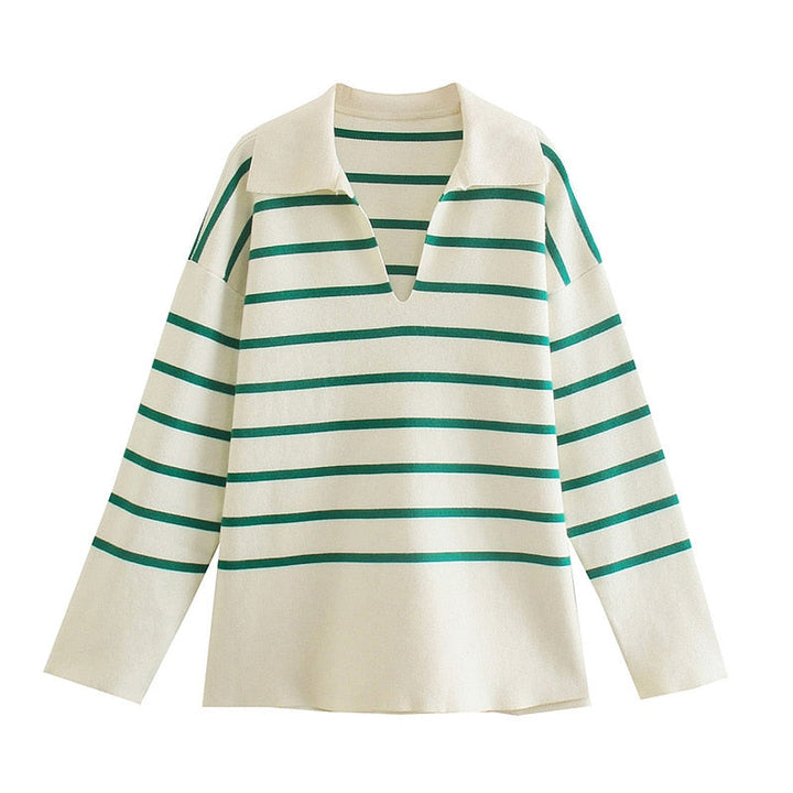 Striped Sweaters Lapel V Neck Long Sleeve Chunky Knit Oversized Pullover Sweater Jumper