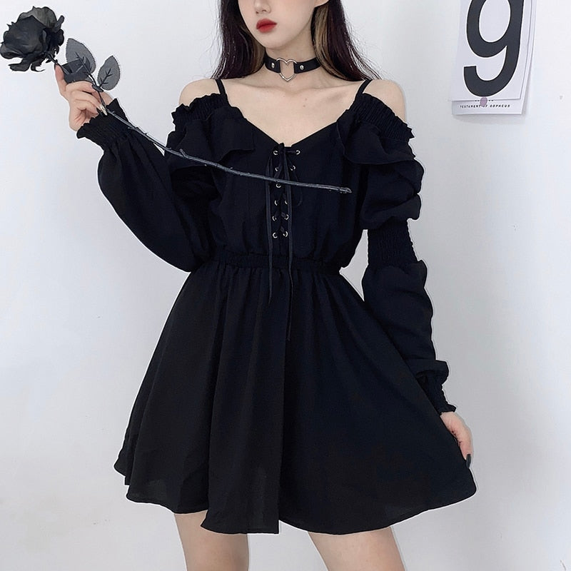 Alt Gothic Dark Off-the-shoulder Lace up Dress