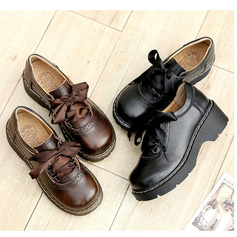Womens Round Toe Retro Ribbon Lace Up Oxford Shoes