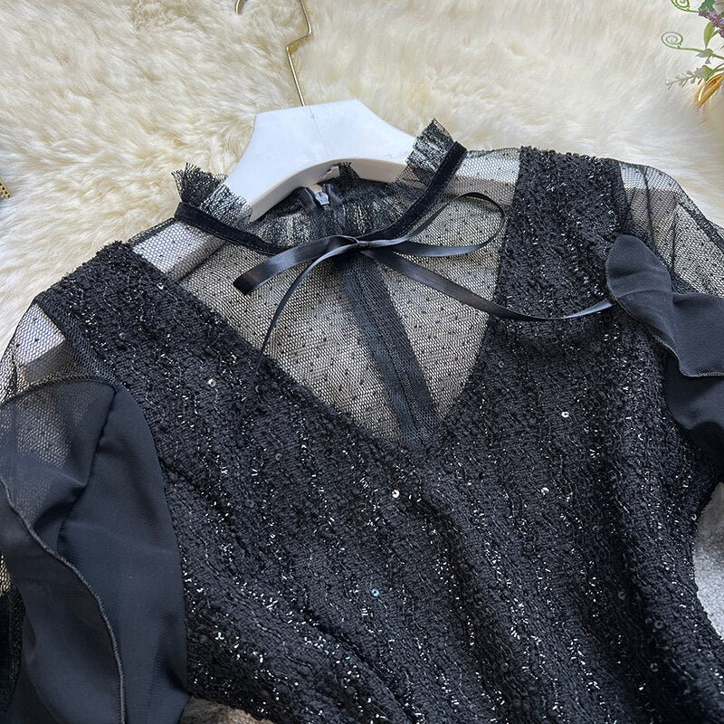 Black Mesh Collar Bow Long-sleeved Dress