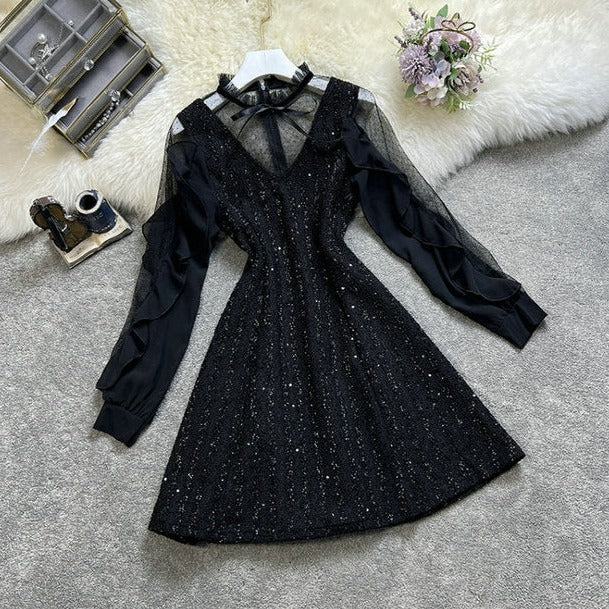 Black Mesh Collar Bow Long-sleeved Dress