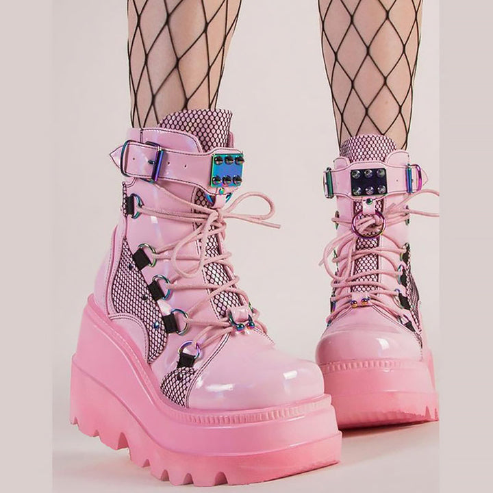 Womens Punk Lace-Up Platform Boots