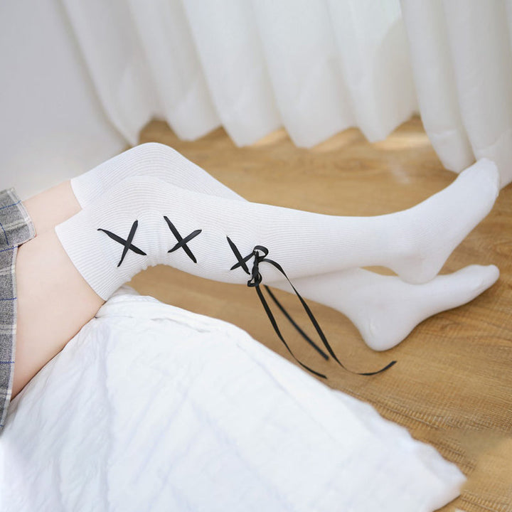 Cute Japanese Cross Ribbon Over Knee Socks