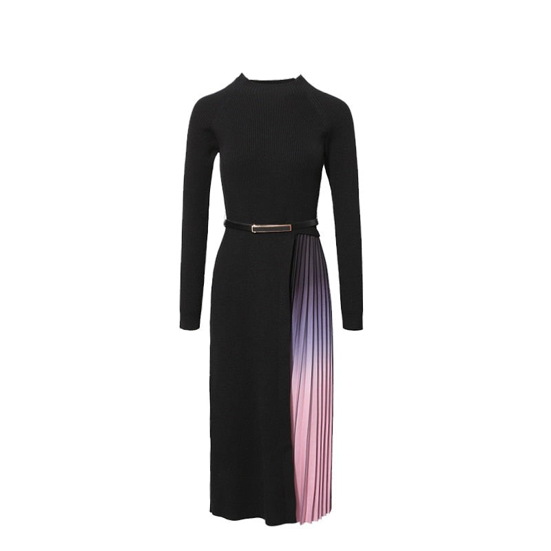 Women's Black Gradient Pleated Splicing Belted Knit Midi Dress
