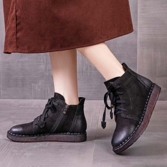 Womens Handmade Retro Leather Ankle Boots Autumn Zip Flat Shoes