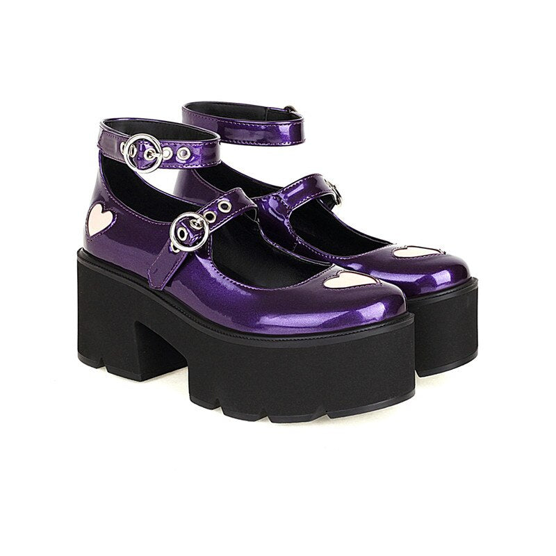 Womens Cute Heart Platform Buckle Mary Janes Shoes