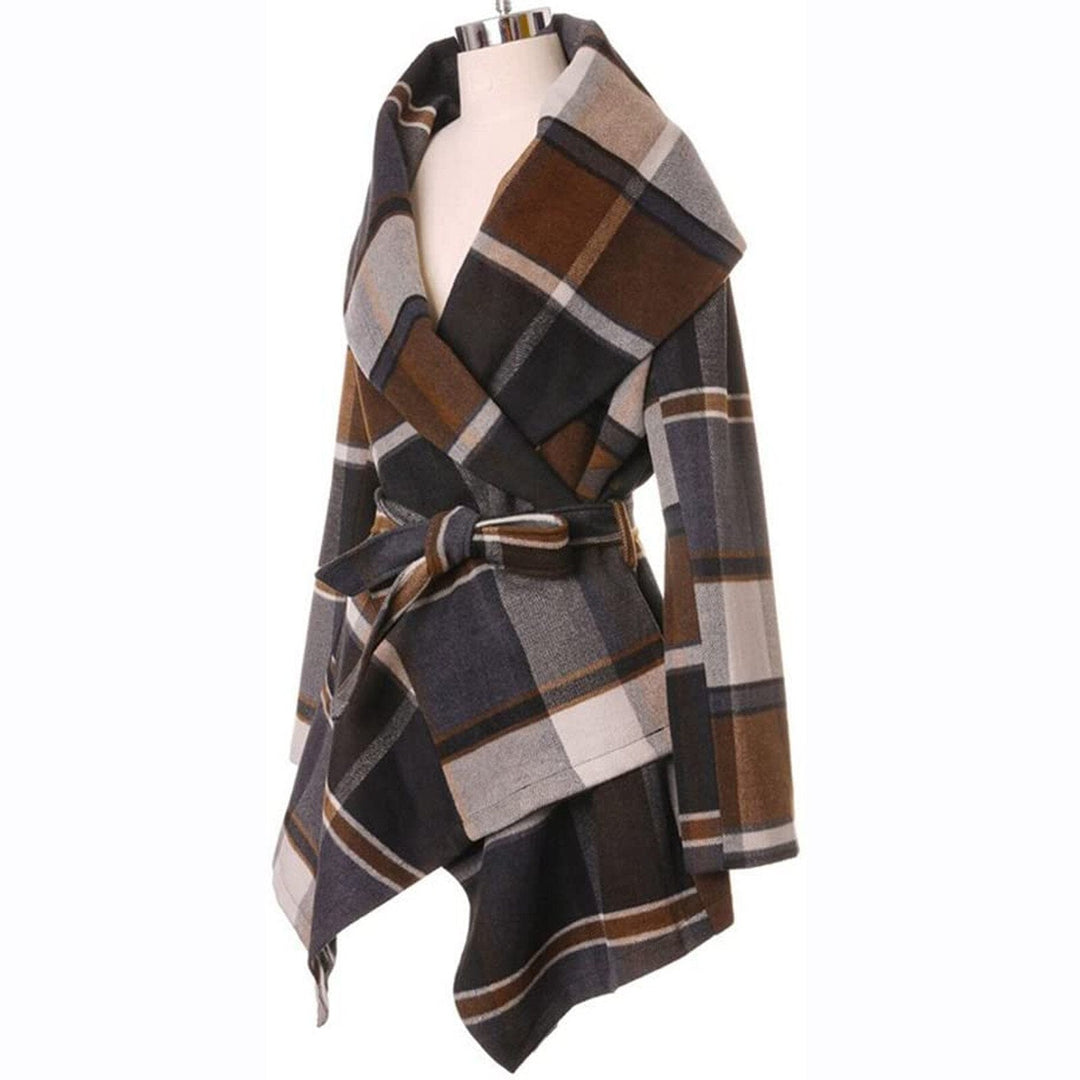 Women's Turn Down Collar Asymmetric Hem Thin Plaids Wrap Coat