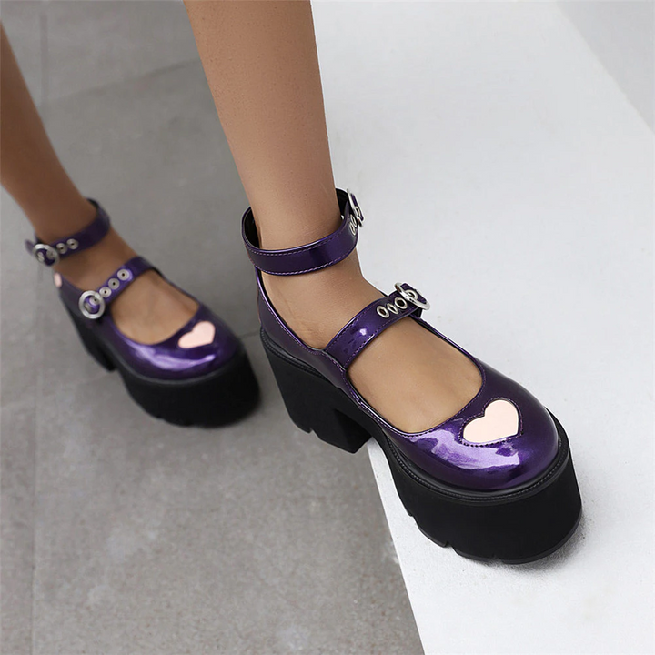 Womens Cute Heart Platform Buckle Mary Janes Shoes