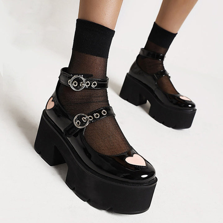 Womens Cute Heart Platform Buckle Mary Janes Shoes