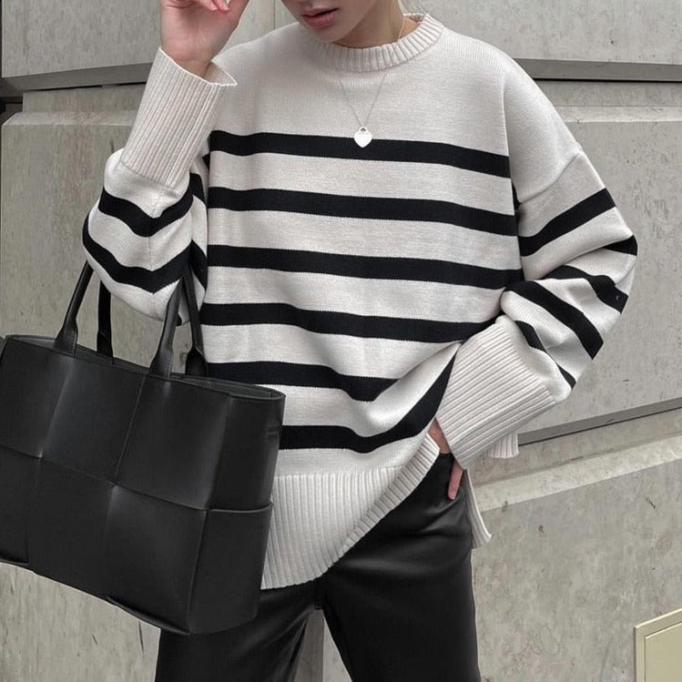Fall Winter Striped Long Sleeve Crew Neck Ribbed Knit Side Slit Pullover Sweater Jumper