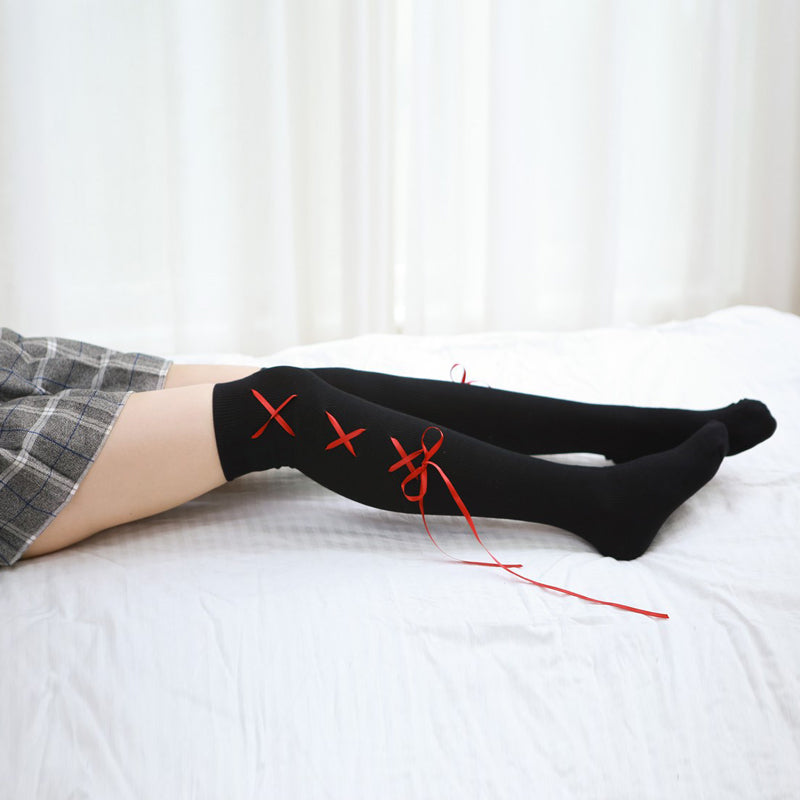 Cute Japanese Cross Ribbon Over Knee Socks