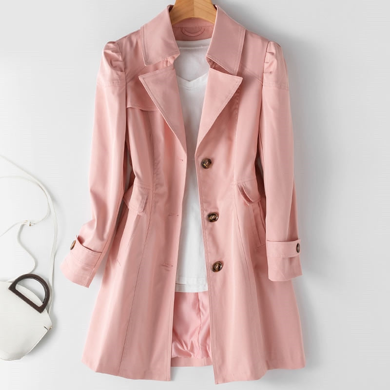 Women Trench Coat Solid Pocket Single-Breasted Mid Long Casual Jacket