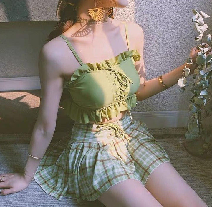 Ruffle Suspenders Two Piece Swimwear