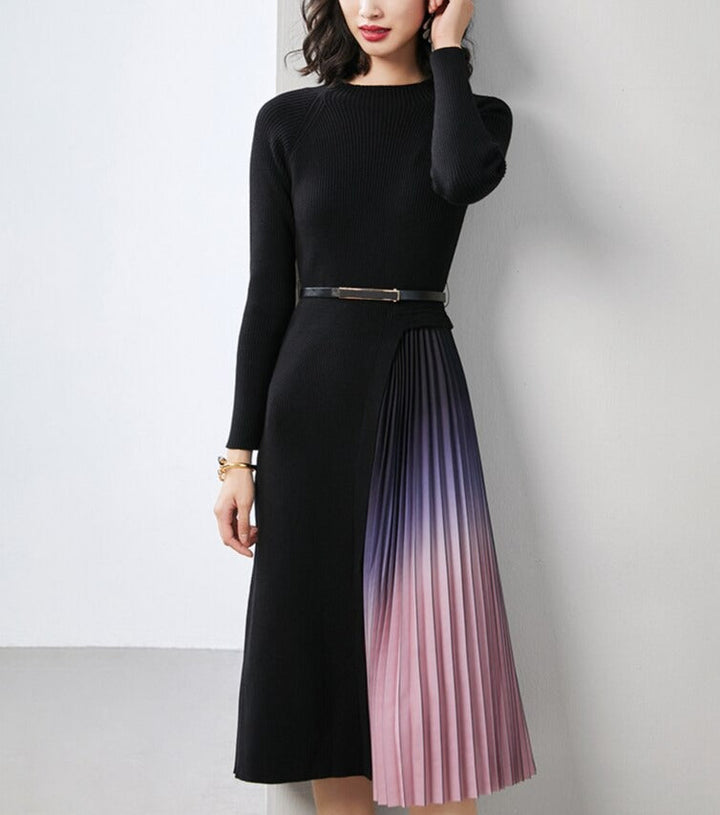 Women's Black Gradient Pleated Splicing Belted Knit Midi Dress