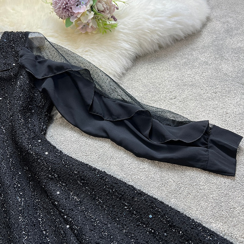 Black Mesh Collar Bow Long-sleeved Dress