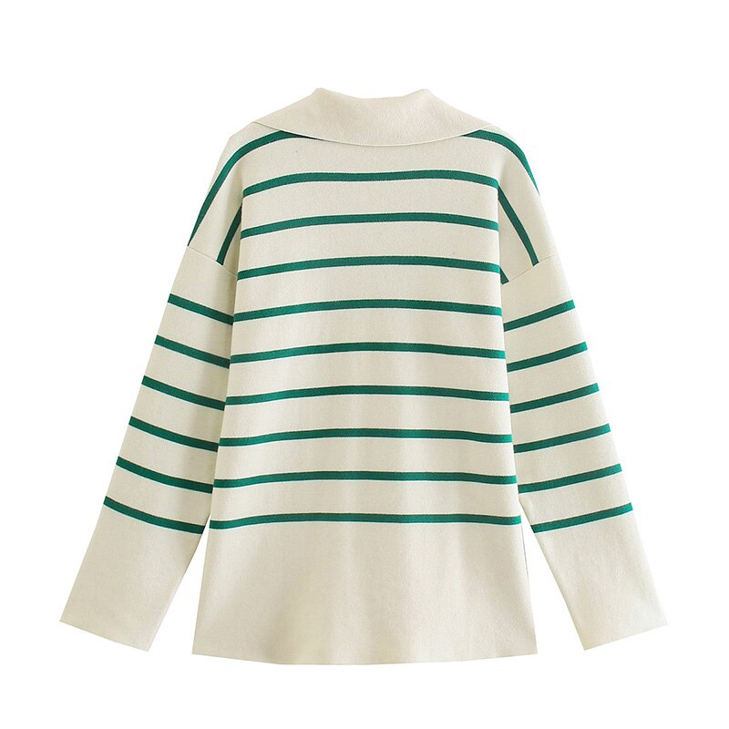 Striped Sweaters Lapel V Neck Long Sleeve Chunky Knit Oversized Pullover Sweater Jumper