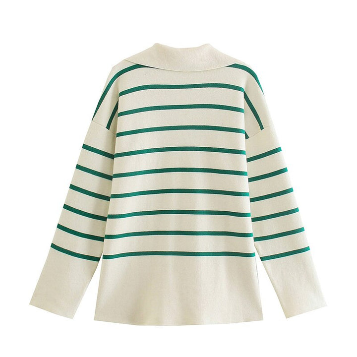 Striped Sweaters Lapel V Neck Long Sleeve Chunky Knit Oversized Pullover Sweater Jumper