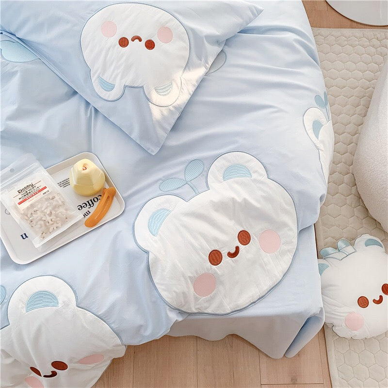 Blue Cute Cartoon Bear Pattern Embroidery Bedding Set