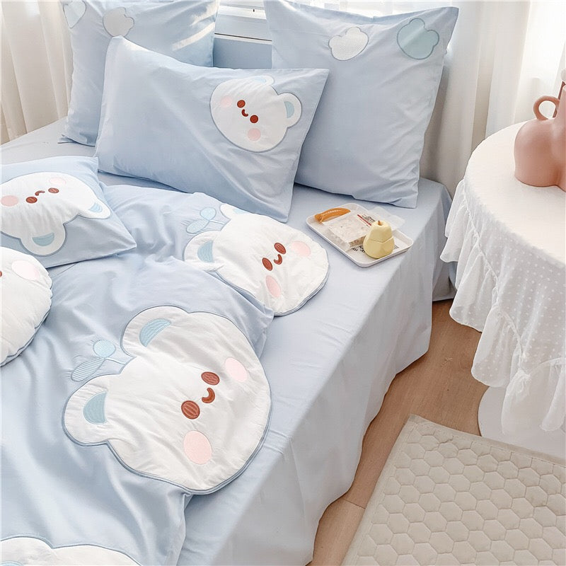 Blue Cute Cartoon Bear Pattern Embroidery Bedding Set