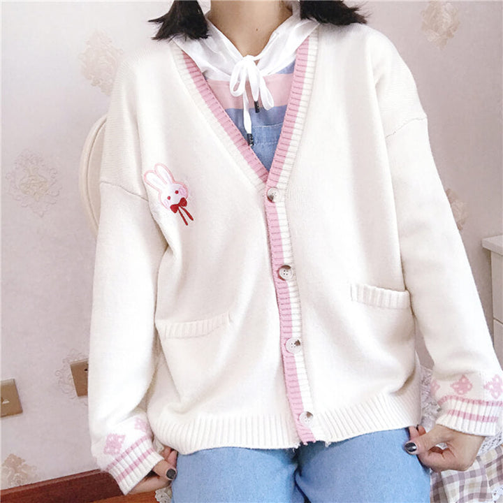 Pink Japanese Cherry Rabbit Knit Cardigan Sweater