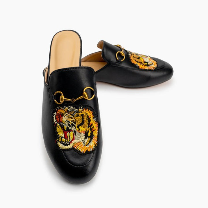 Women Leather Tiger Pattern Slippers Mules