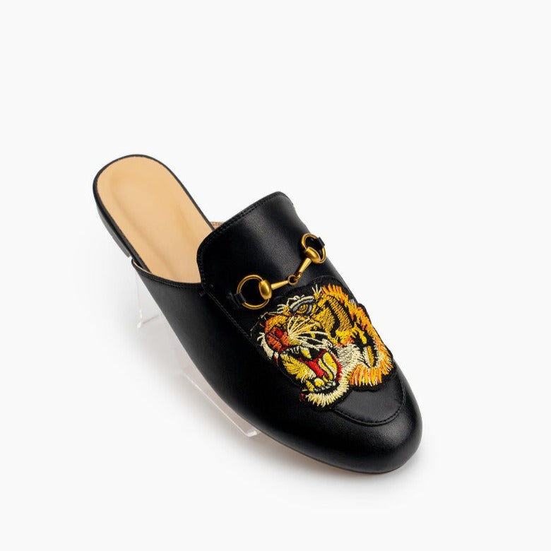 Women Leather Tiger Pattern Slippers Mules