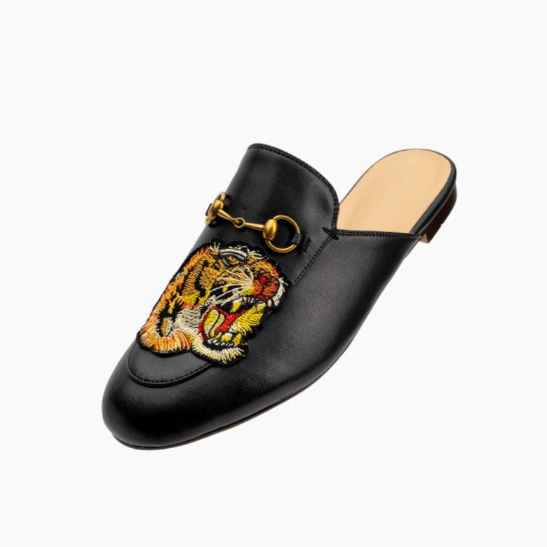 Women Leather Tiger Pattern Slippers Mules