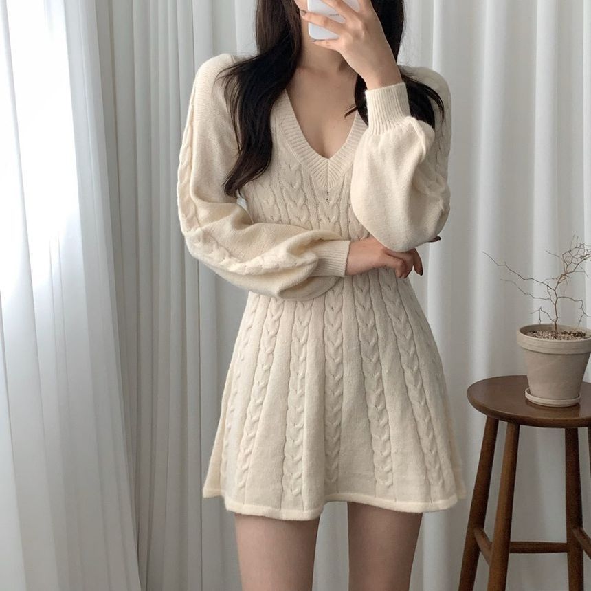 Womens Long-Sleeve Cable-Knit V Neck Sweater Mini Dress