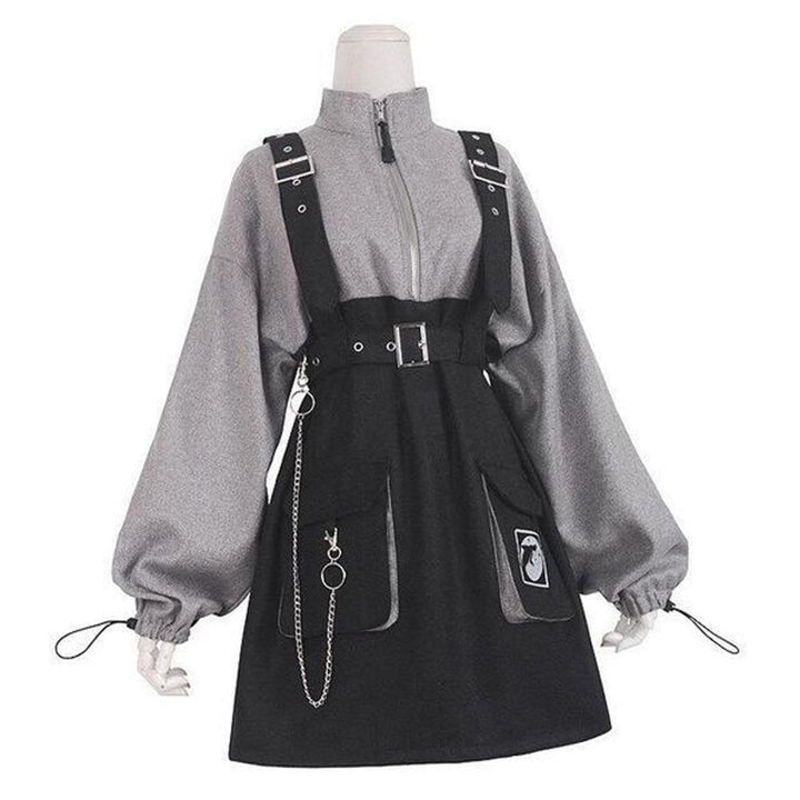 Punk Zipper Chain Pocket Sweatshirt Dress