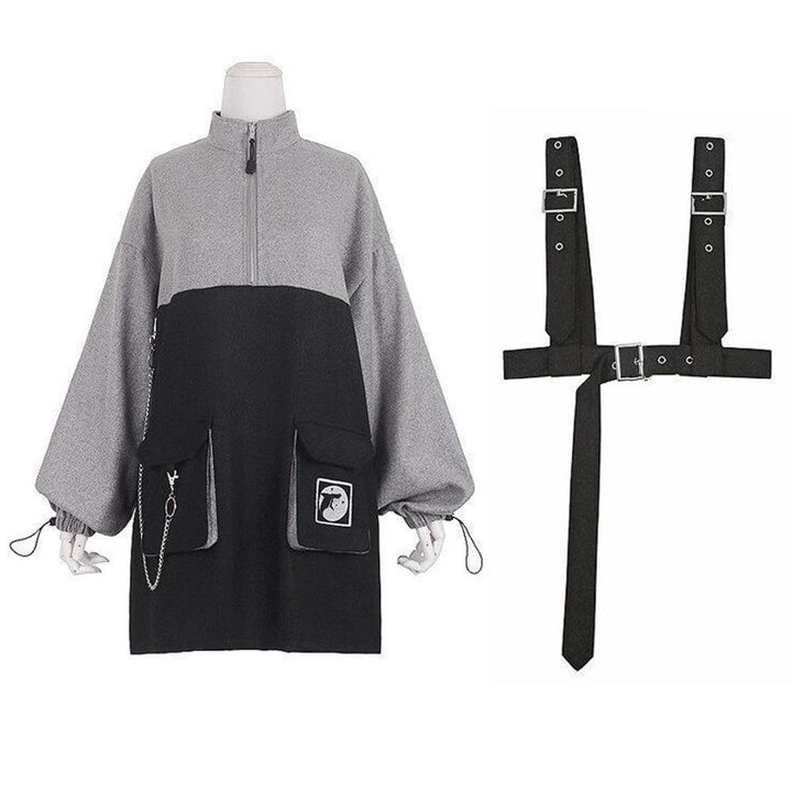 Punk Zipper Chain Pocket Sweatshirt Dress