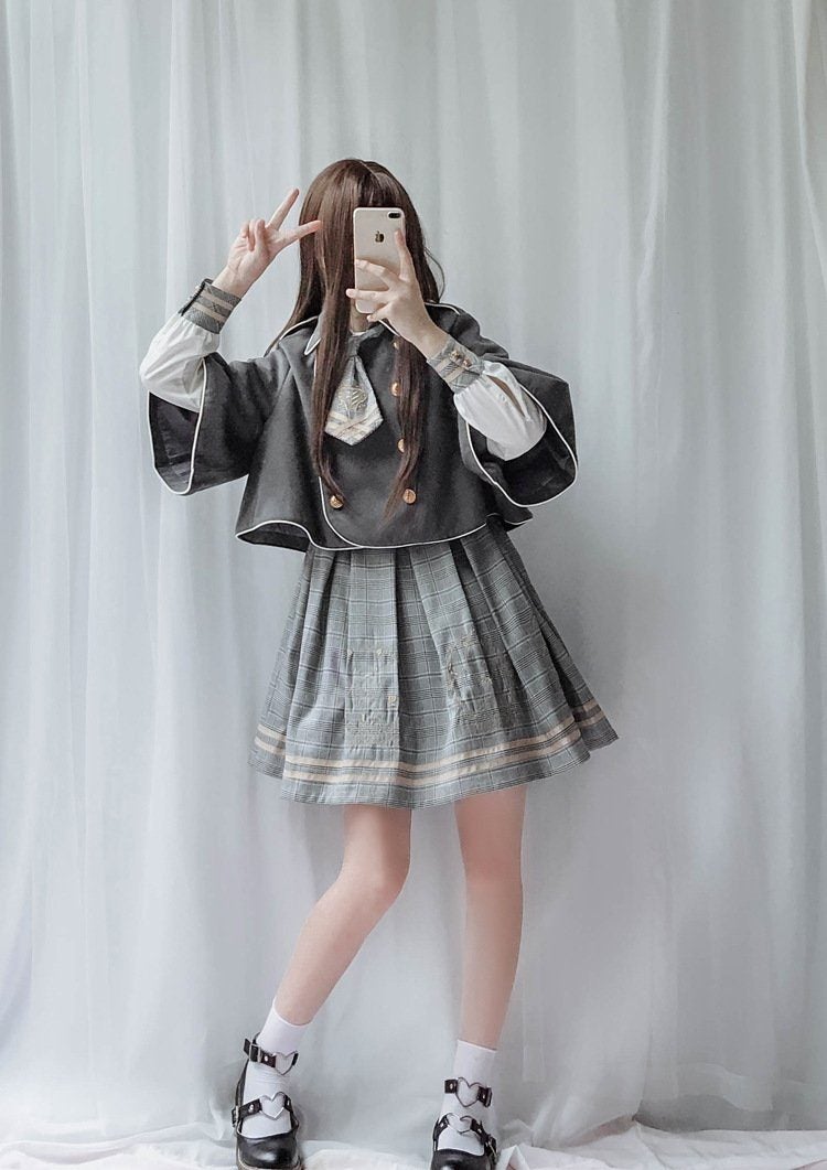 Harajuku Detective Academy Plaid Dress + Cloak 2PCS