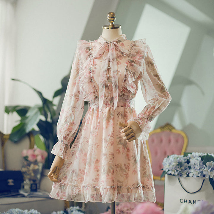 Womens Peach Floral Bow Tie Ruffle Dress With Sleeve