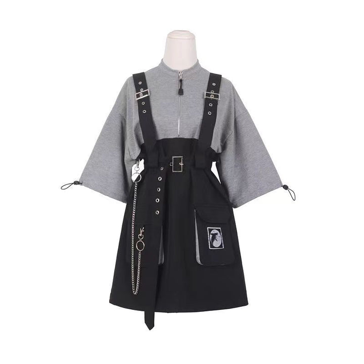 Punk Zipper Chain Pocket Sweatshirt Dress