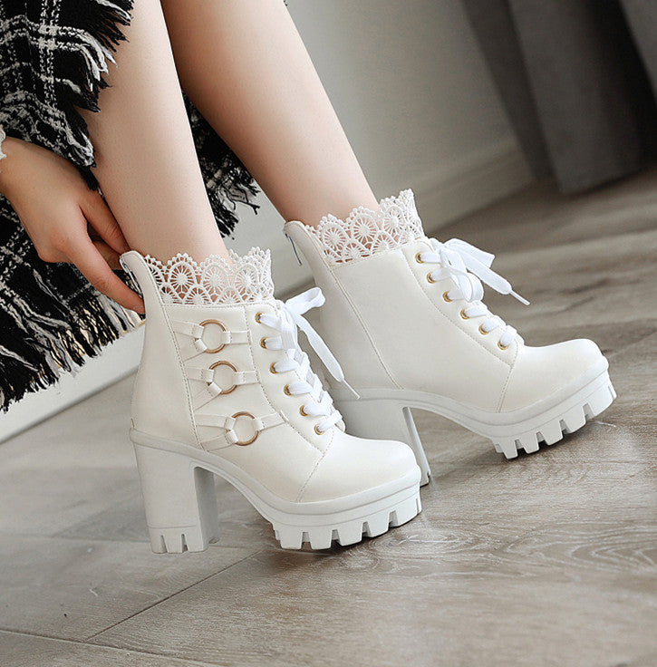 Women's Platform Thick High Heel Lace Up Ankle Boots