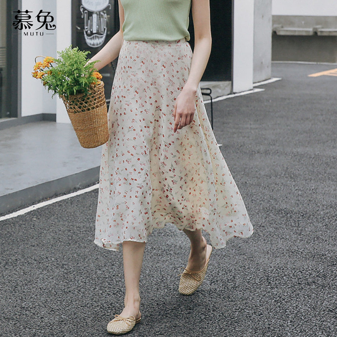 Womens Floral Print Chiffon High Waist Skirt